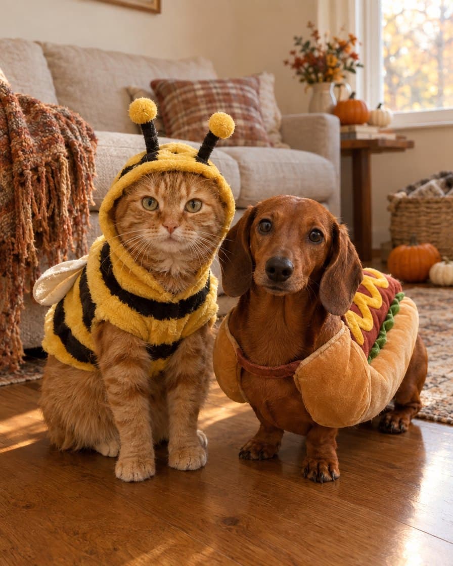 Cat in the Buzzy Bee Hoodie next to a dachshund in the Hot Dog Costume