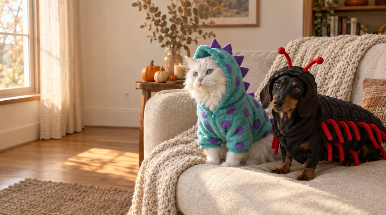 Cat in the Monster Dino Hoodie and dachshund in the Creepy Centipede Costume on a sofa
