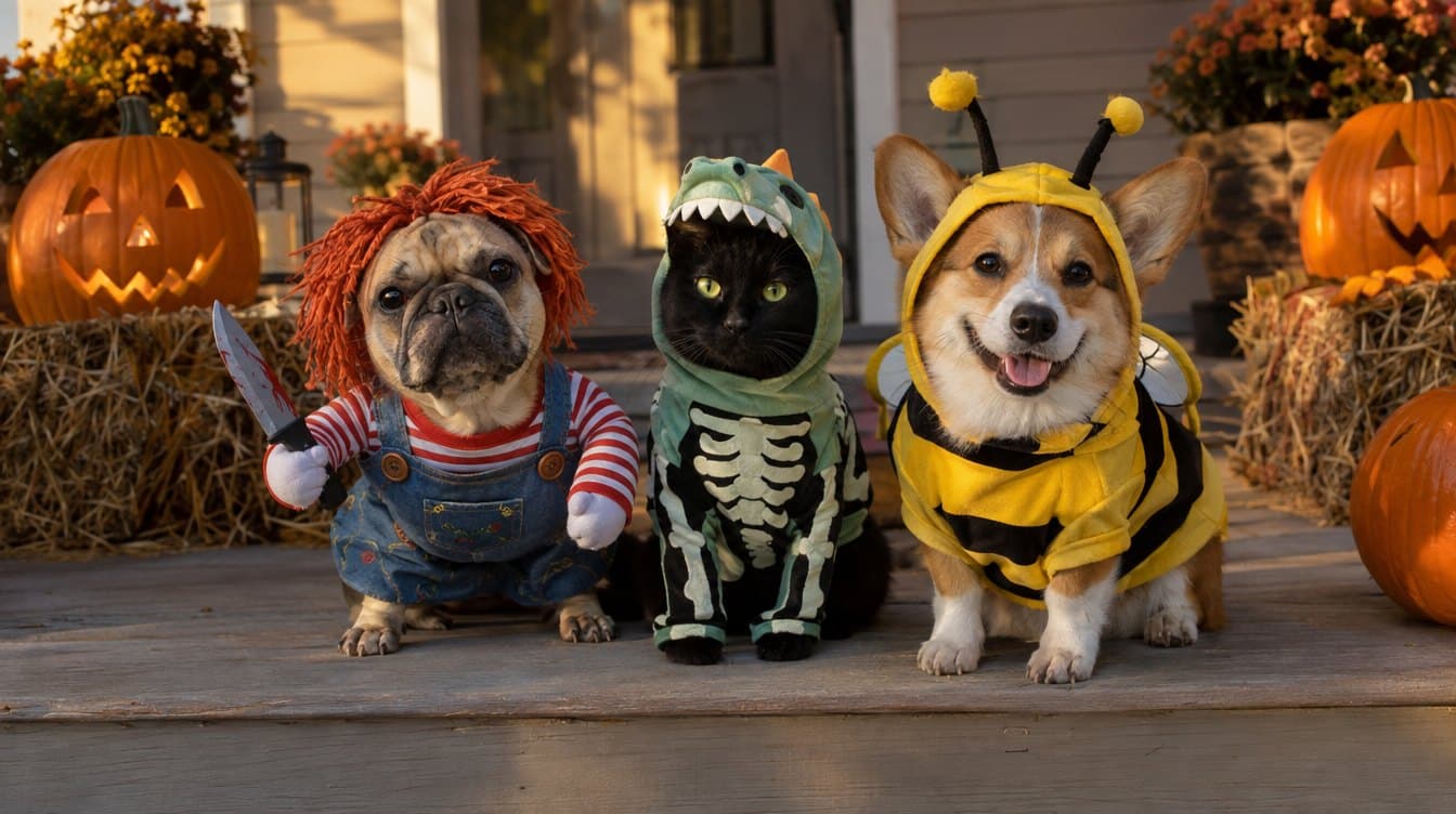 Three pets in costumes on a Halloween porch
