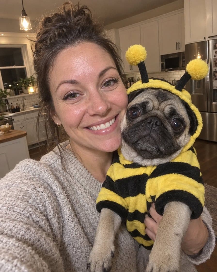 Pudge, pug in the Buzzy Bee Hoodie